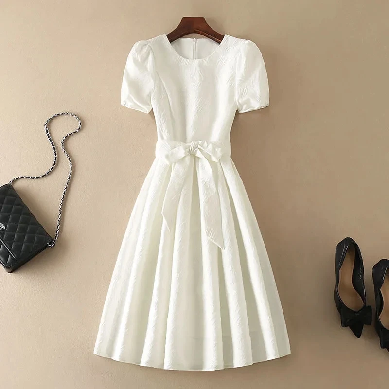 Beige Elegante Bürodame O-Ausschnitt A-Linie Schleife Schnürung Kurzarm Damenkleid Mittelkalb Kleider für Damen Kleidung 2026 Mode