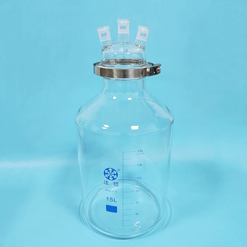 

Single-layer cylindrical flat bottom open reactor bottle 15000ml,150mm flange,Stainless clip,Cover with three ground mouth 24/29