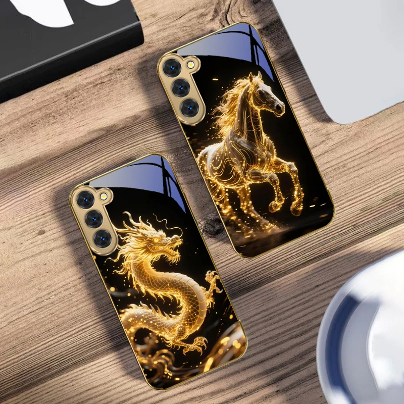 Golden Dragon Totem For Samsung Galaxy S20 FE S21 S22 S23 Plus S24 Ultra 25Ultra S21+ S9+ S22Plus Golden glass phone case