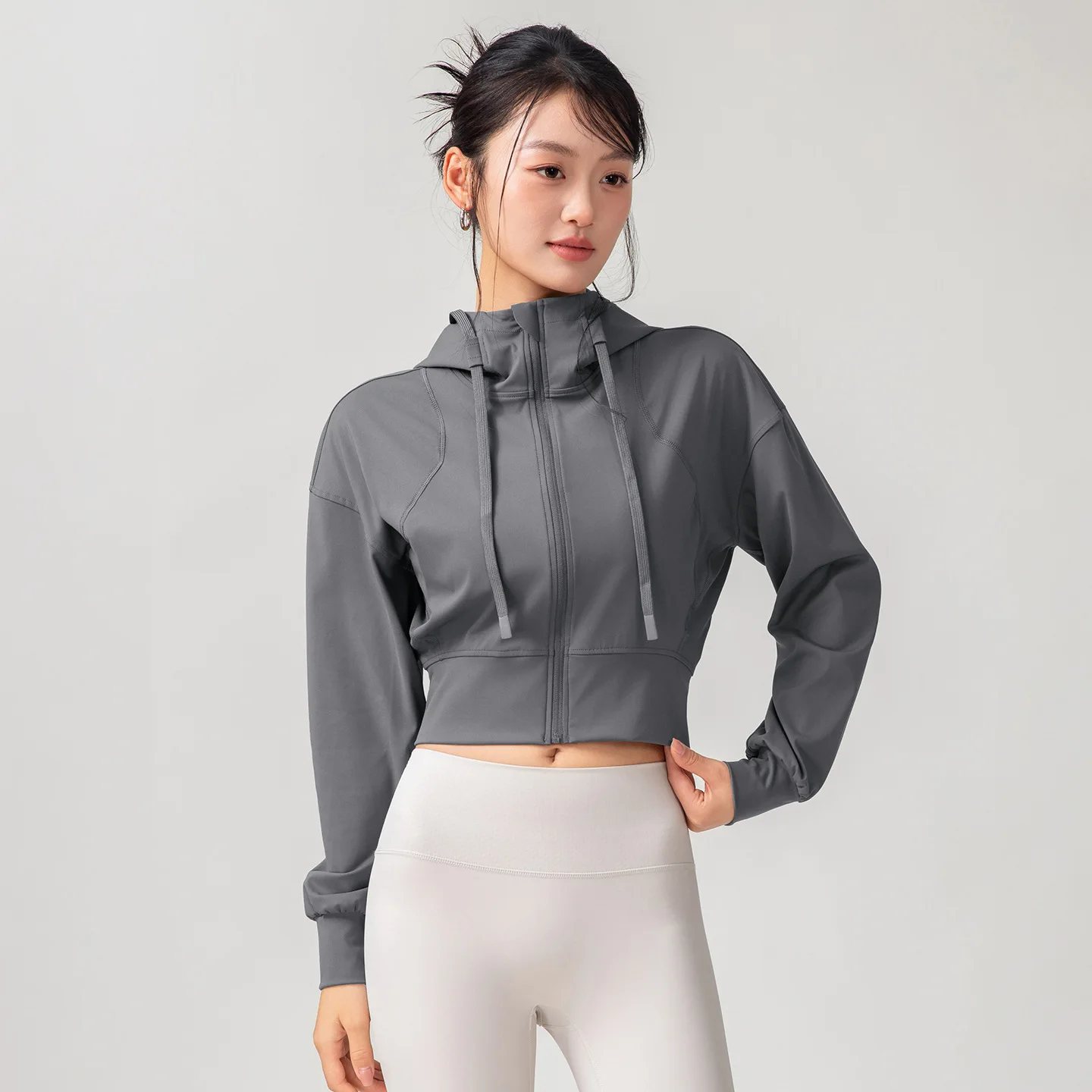 Women's Solid Color Casual Stand Collar Hooded Sports Yoga Top Leisure Simple Slim Long Sleeves Zipper Short Top