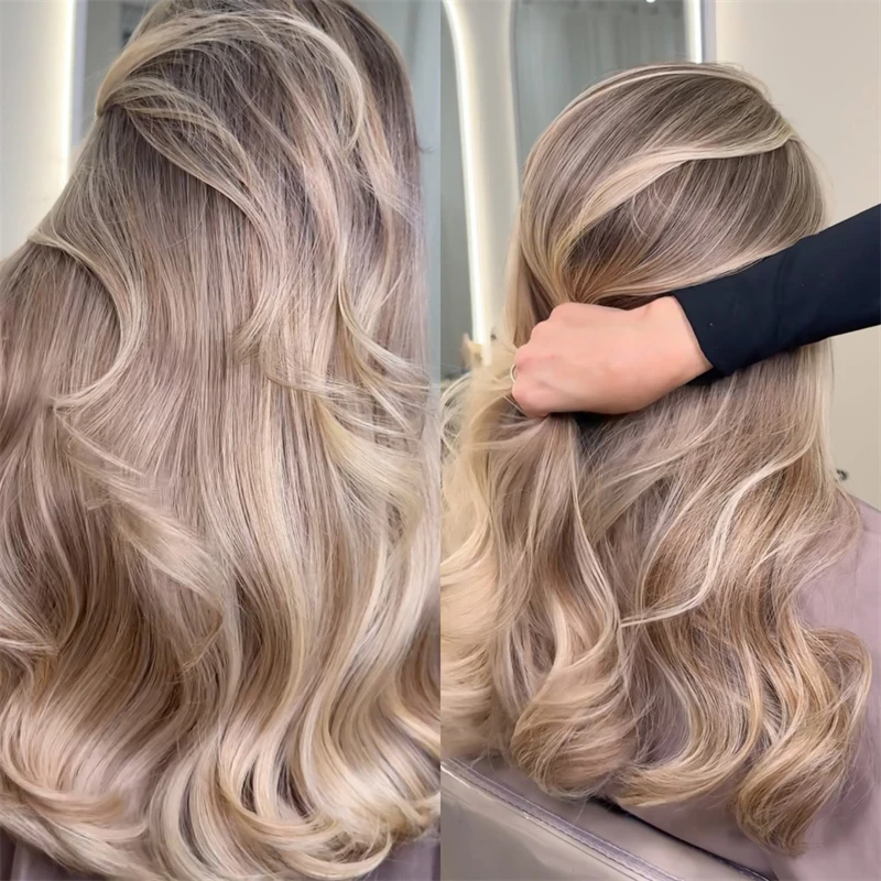 

Ombre Creamy Blonde with Brown Streaks Highlights Synthetic Lace Front Wig Natural Wavy Glueless Wig Ready to Wear Body Wave Wig