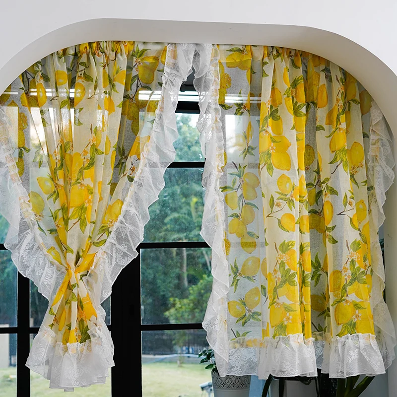 Japanese Style Yellow Countryside Lemon Lace Translucent Gauze Curtain For Living Room Bedroom Kitchen Partition Half Curtain