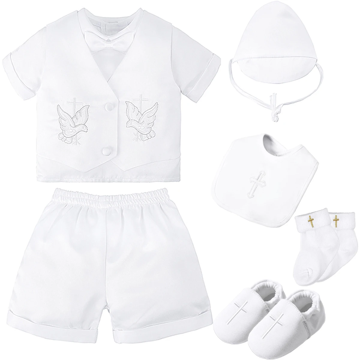 

Baby Boys Baptism Suits Infant White Cartoon Dove Newborn Short Sleeve Bow Tie Tops+Shorts+Vest+Hat Christening Clothes Costume