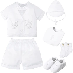Baby Boys Baptism Suits Infant White Cartoon Dove Newborn Short Sleeve Bow Tie Tops+Shorts+Vest+Hat Christening Clothes Costume