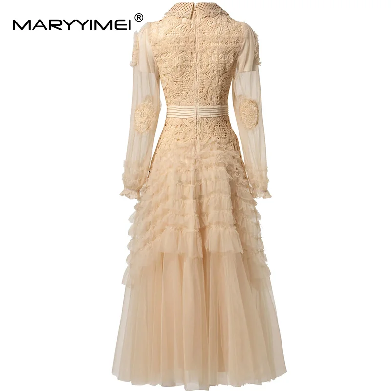MARYYIMEI Soli Pilz Langarm Kleid Für Frauen Haken blume hohl Elegante Lange S-4XL Kleider Party Prom Kleidung