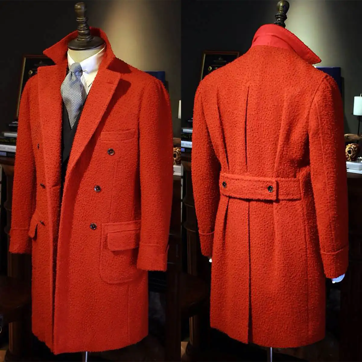 Men's Winter Wool Blend Regular Fit Coat Notched Lapel Red Jacket With Pockets