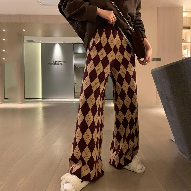 

Lingge knitted wide-leg pants women's 2022 autumn winter new elastic waist drape loose thick casual mopping pants