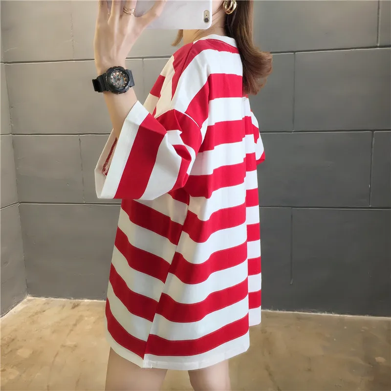 Y2K New Summer Women Half Sleeve Tops Tees INS Fashion Casual Loose Striped Crop T-shirt O-neck Cotton Ladies Pullover Tshirts