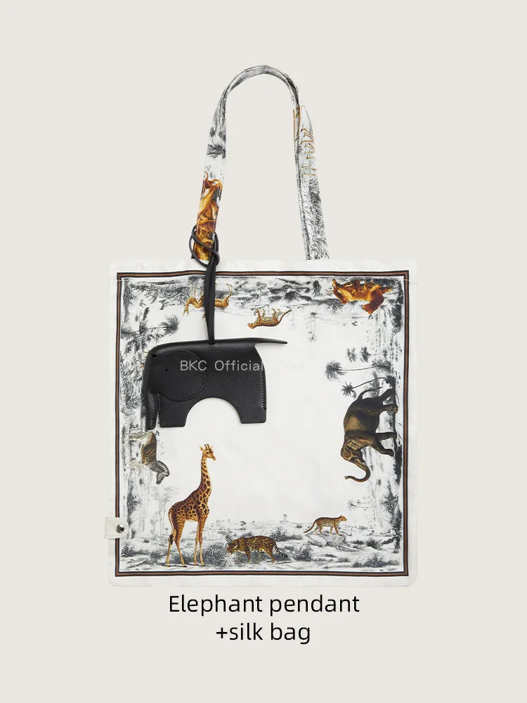 Sheepskin Elephant Bag Charm with Silk Storage Pouch, 2-in-1 Decorative Hanging Ornament & Practical Organizer,Leather Accessory