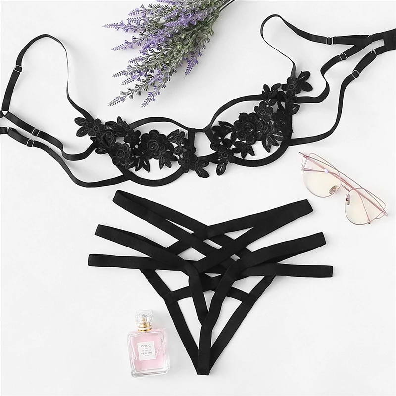 

Embroidery Lace Sensual Lingerie Set Hollow Out Women's Underwear Transparent Erotic Push Up Bra And Panty Sets Black Intimate