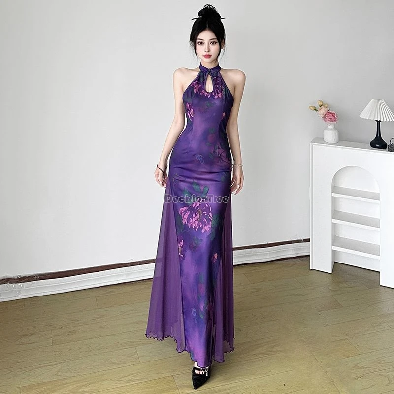 

2025 new chinese style printed improved cheongsam halter dress for women backless slimming sexy long retro daily qipao dress