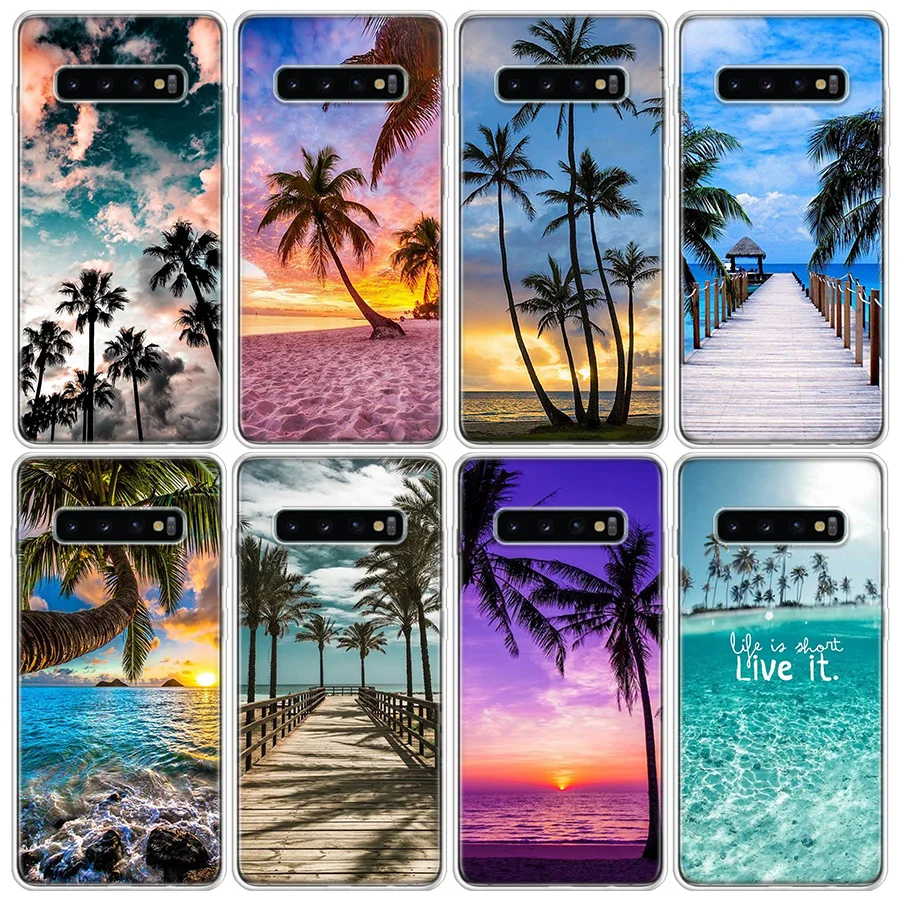 Summer Beach Scene at Sunset on Sea Palm Tree Phone Case For Samsung Note 20 Ultra 10 9 8 A05S A15 A25 A35 A55 M11 M12 M21 M30