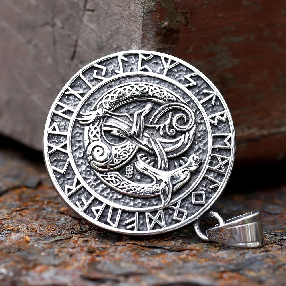 2024 New Style Stainless Steel Viking Double Wolf Pendant Viking Runes Amulet The Helm Of Awe Jewelry For Men Wholesale