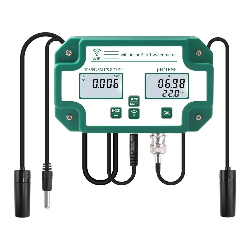 a for6-in-1 Tuya WiFi Enabled PH EC ORP TDS Temp Salinity Monitor for Fish Tank Aquaculture