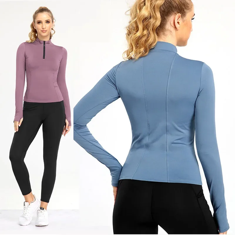 Aiithuug Long Sleeve Yoga Shirt with Half Zip Slim Waist Line Sports Shirts Fashion Half Zipper Thumb Hole Soft Light Gym Tops