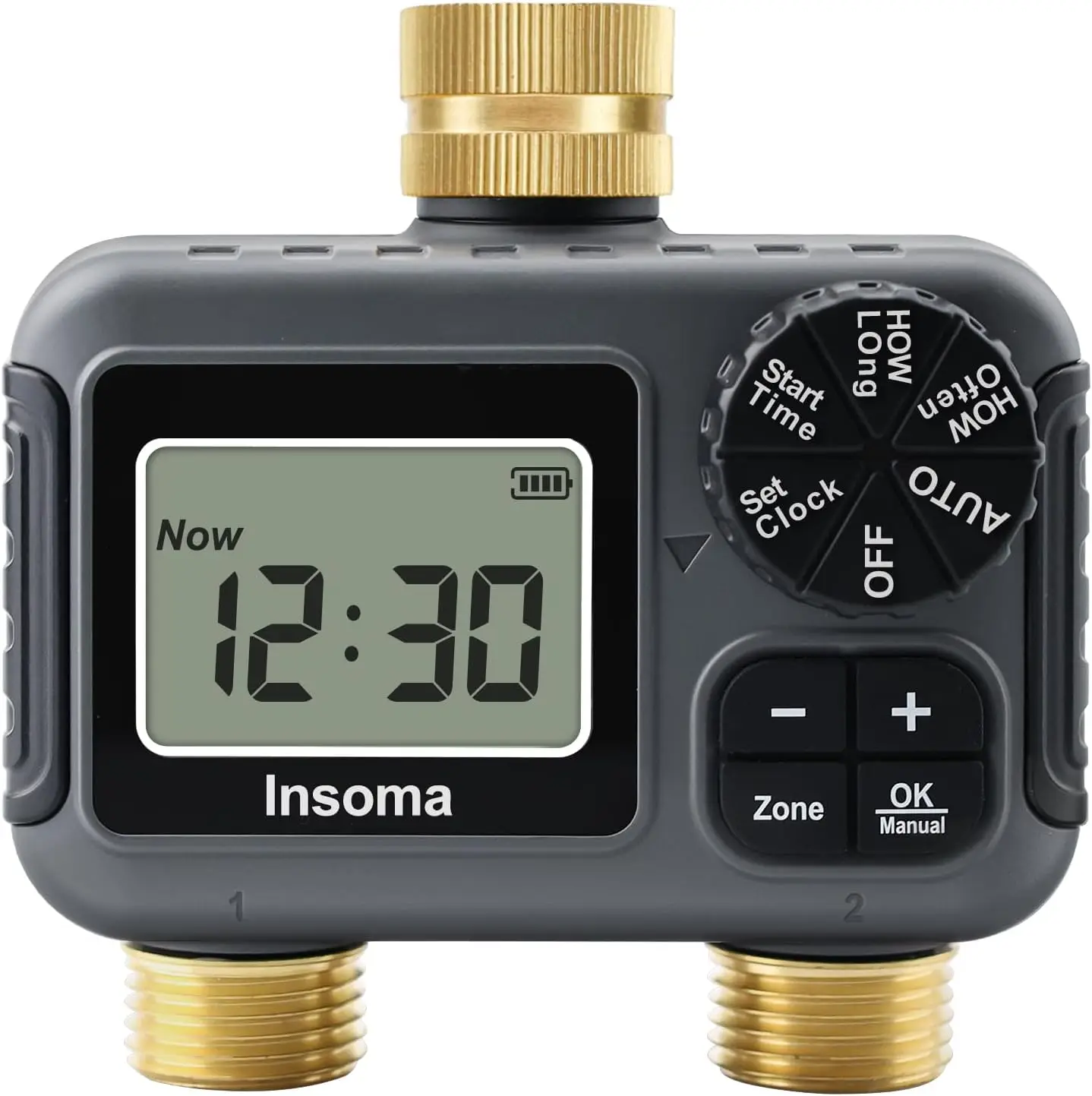 

2-Zone Programmable Brass Hose Timer with Rain Delay, Auto/Manual Mode for Garden & Lawn