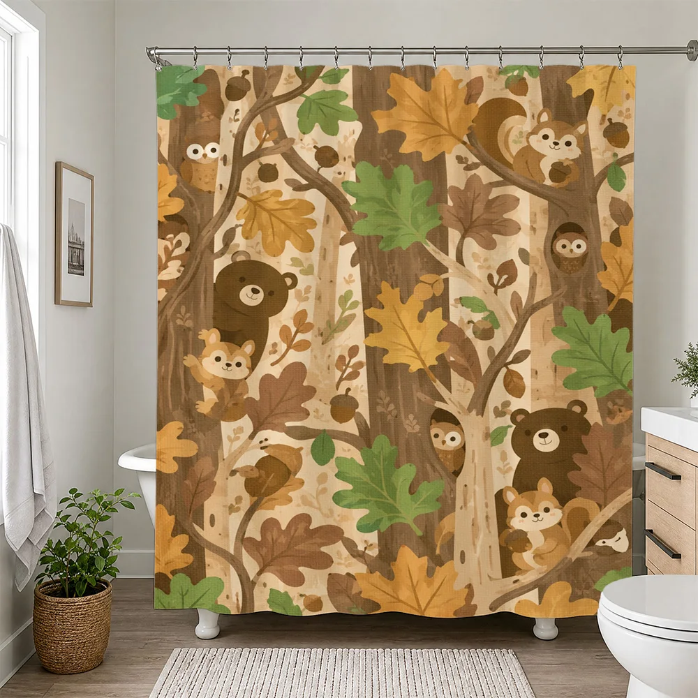 Cute Woodland Animals Shower Curtain Forest Scene Bear Fox Squirrel Bathroom Decor Waterproof Shower Curtain