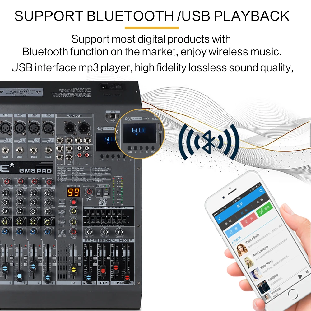 Professional 8-channel mixer party room meeting room and karaoke audio processor mixing with BT recording and monitoring support