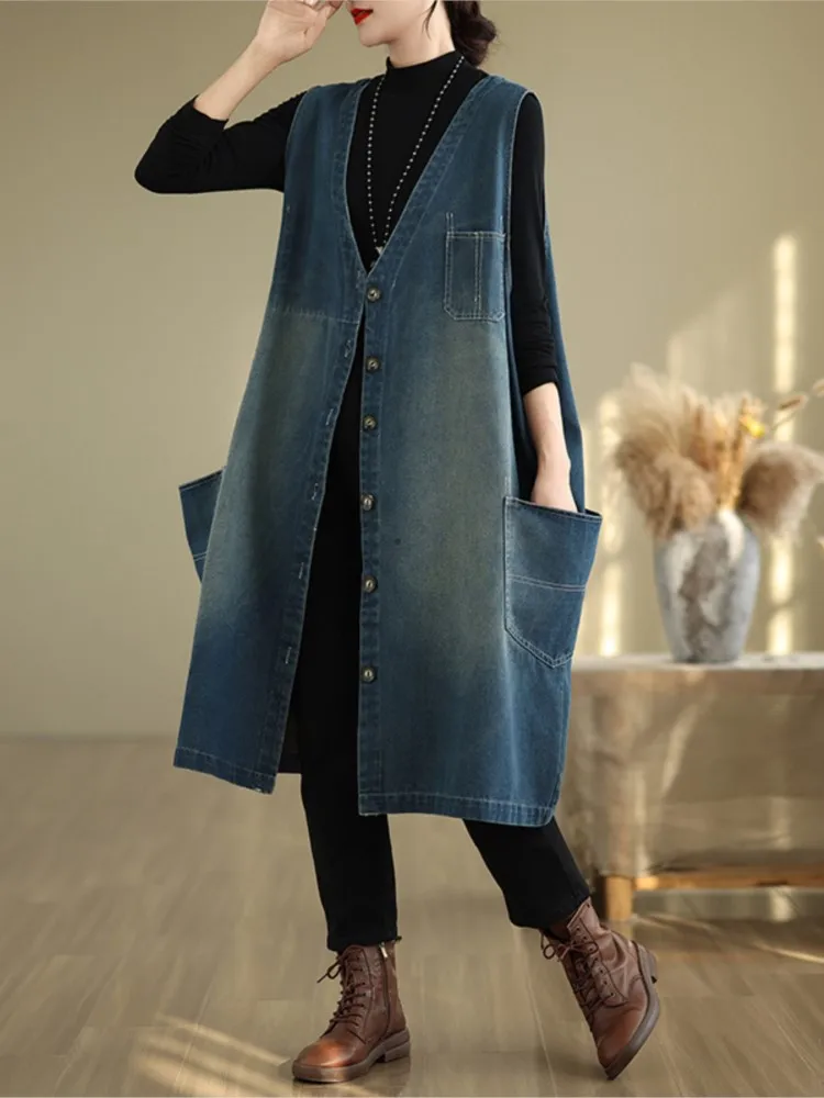 Denim Oversized Autumn Sleeveless Vests Coat Women Print Fashion Casual Ladies Jackets Loose Ruffle Pleated Woman Midi Coats