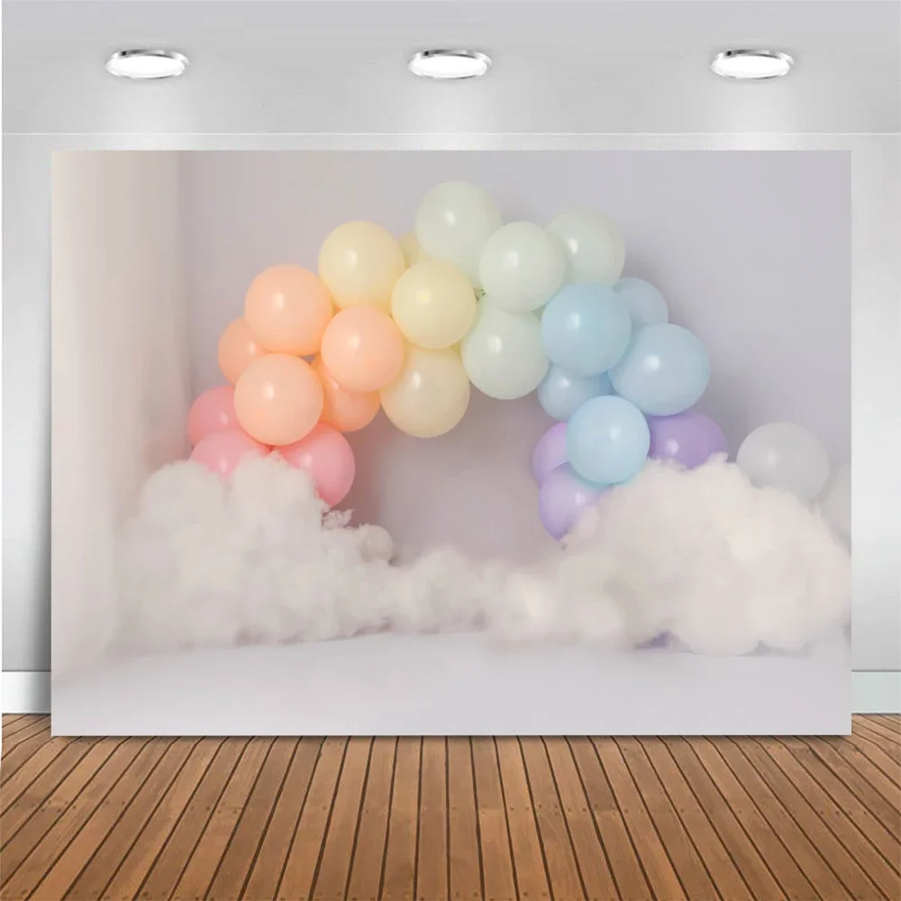 Fondo con temática de globos coloridos para bebé, retrato de niño, pastel Smash, fondo de 1er cumpleaños, decoración de nubes blancas para estudio fotográfico