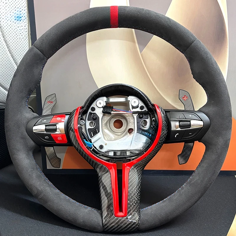 For BMW F30 F10 Full Alcantara Leather Carbon Fiber Steering Wheel | Baked Paint Red Button Frame