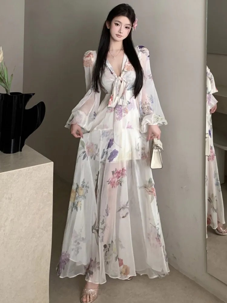 Elegant Floral Printed Long Dresses for Women Lantern Sleeve V-neck High Split Y2K Fairy Party Dress Korean Fashion Vestidos New