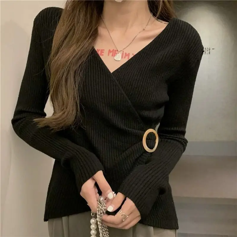 Screw Thread Solid Color Pullover V-Neck Women's Clothing Long Sleeve Rivet Sweater Knitted Casual Elegant Spring Autumn Tops