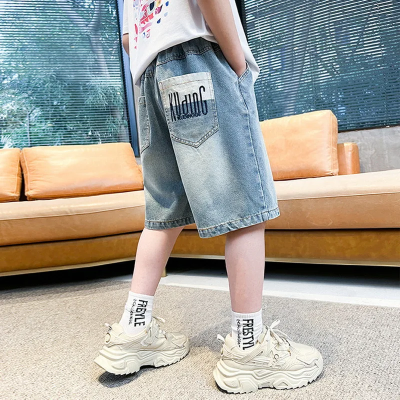 Hot Sale Kids Child Casual Denim Shorts with Letter Pocket for Tweens Boys Loose Straight Jeans Shorts Pants 5 7 9 11 13 14 Y