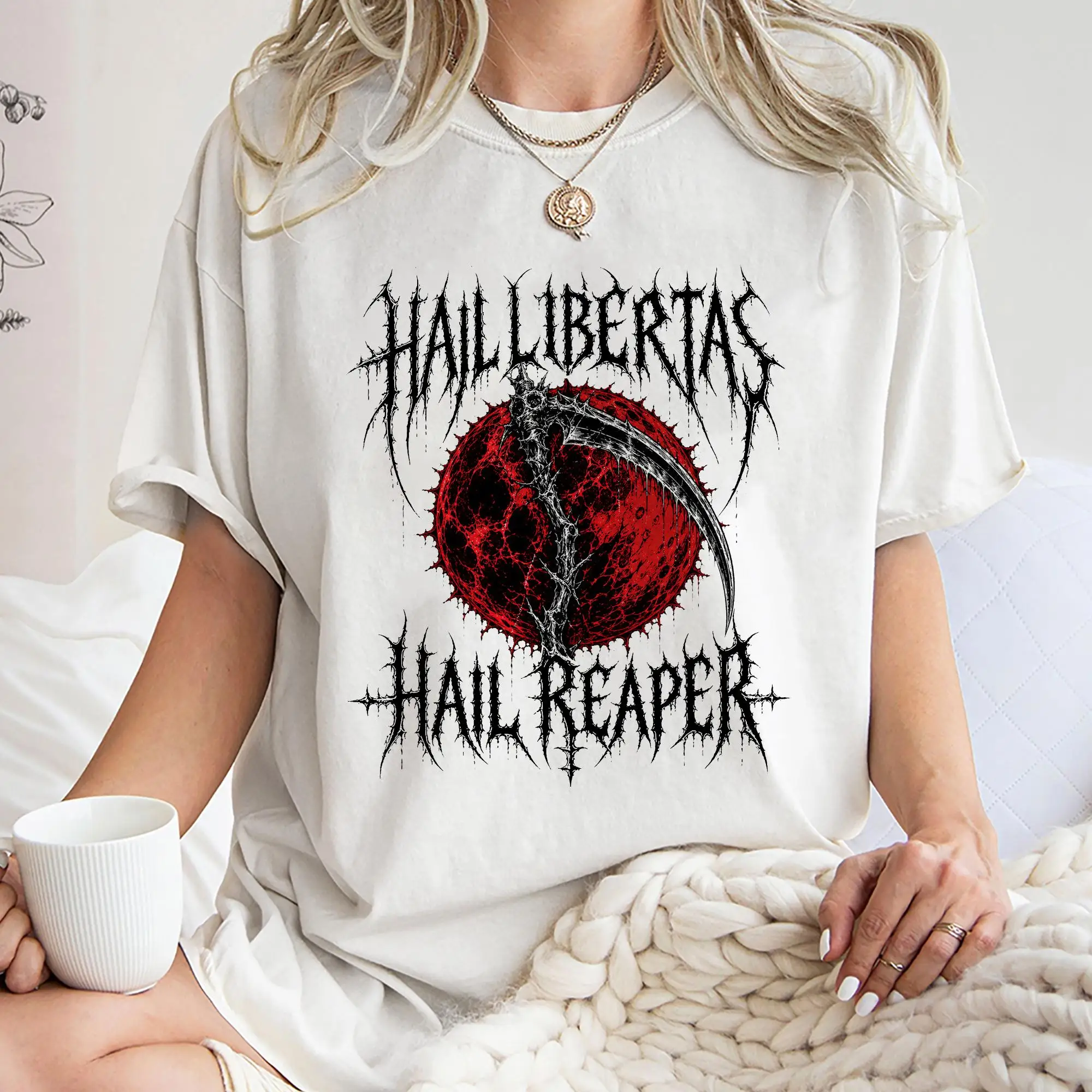 Hail Libertas Hail Reaper Black Metal Shirt, Gothic Logo Red Moon Reaper tshirt,Death Metal Style Dark Aesthetic