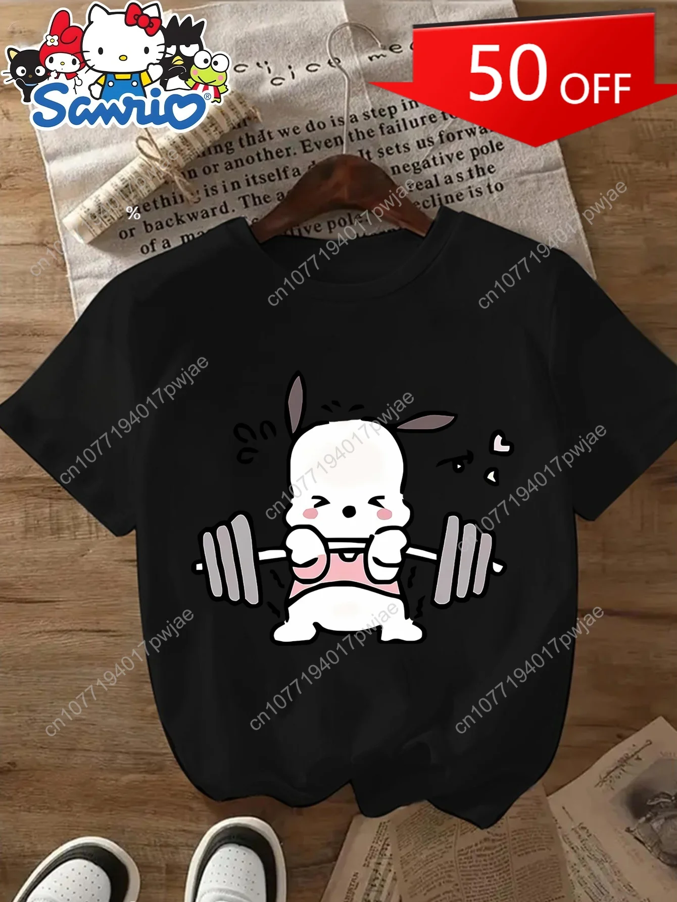 Camiseta de manga corta para mujer con licencia de Sanrio | Camiseta informal con estampado de conejo lindo levantando pesas, cuello redondo, ajuste holgado