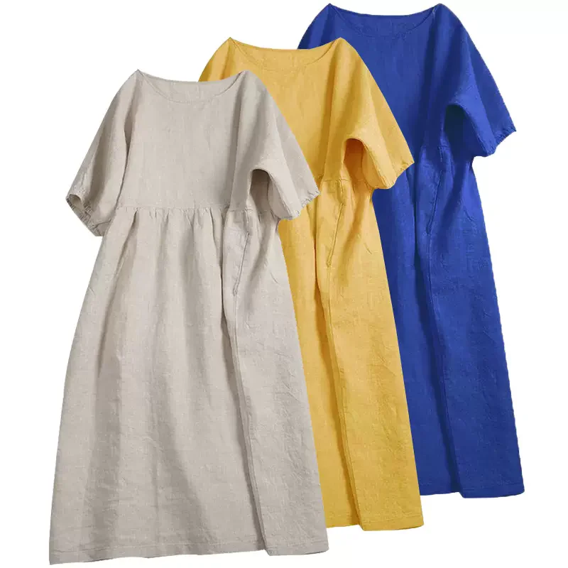 

Cotton Linen Vintage Maxi Dresses O-Neck Short Sleeve Dresses Women Clothing Long Robe Chic Lady Streetwear Hoilday Sundress New
