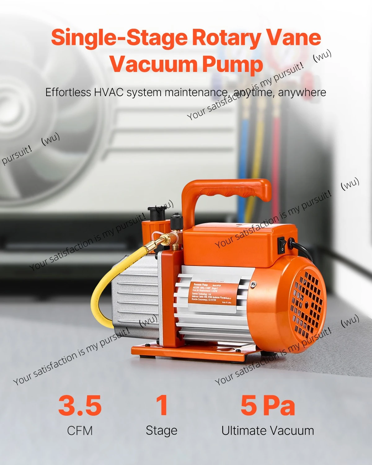 Vacuum pump and oil bottle, available in 3.5/4/5 CFM single stage or 6/9 CFM double stage