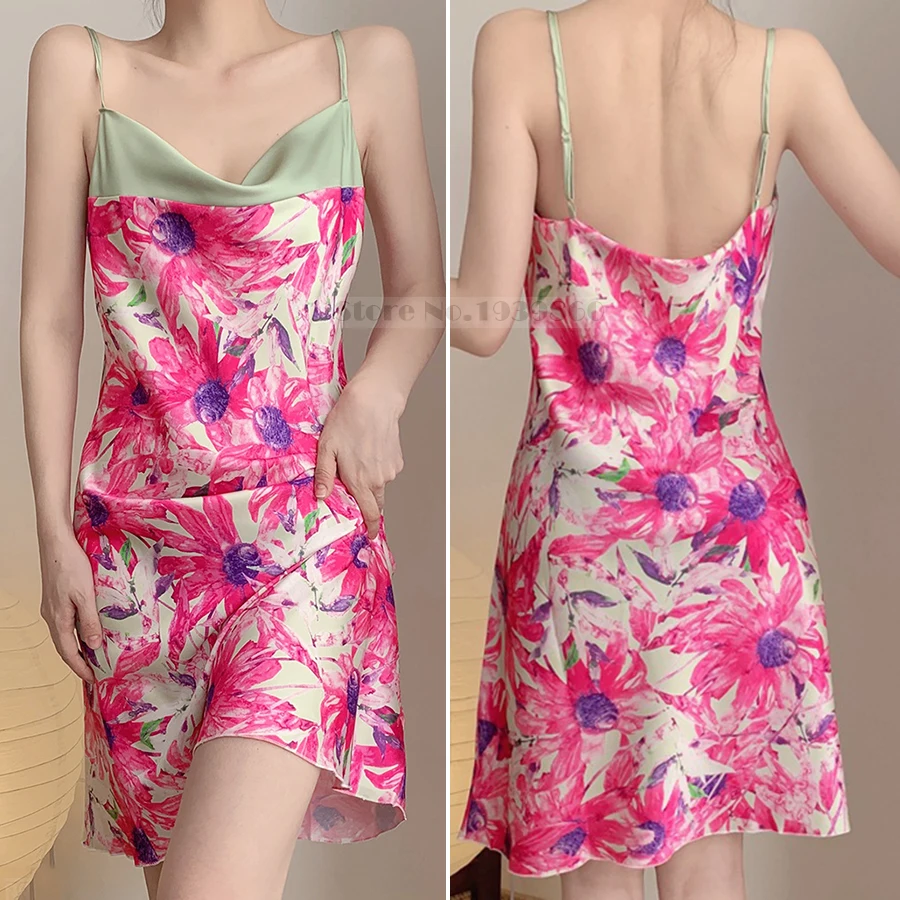 Summer Female Chemise Nightgown Sleepwear Sexy Print Flower Spaghetti Strap Nightdress Lingerie French Style Satin Home Wear