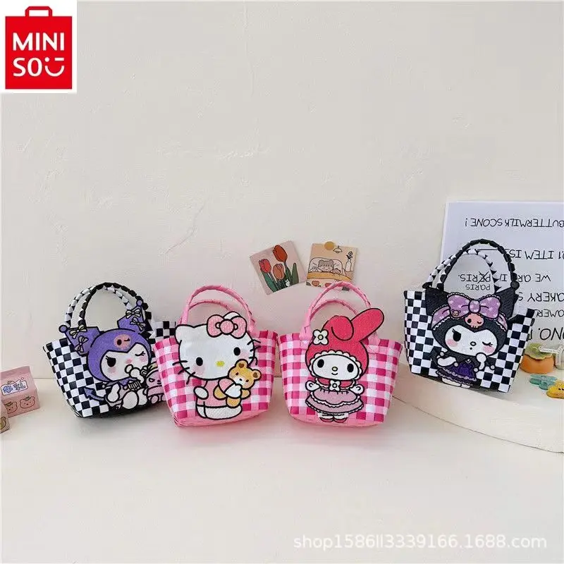 Miniso Hello Kitty Handgeweven Cartoon Bedrukte Handtas Voor Vrouwen Hoge Kwaliteit Veelzijdige Multi-Functionele Opslag Strandtas