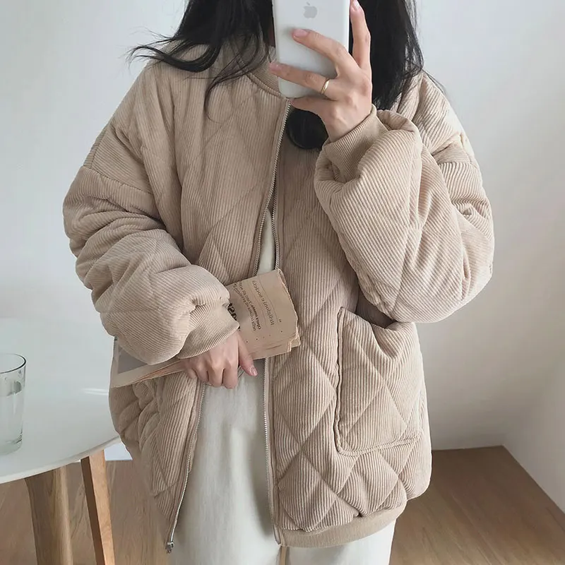 

Winter Quilted Cotton Jacket Women Standing Collar Long Sleeve Zipper Pocket Thick Coat Casual Fashion Corduroy Outerwear