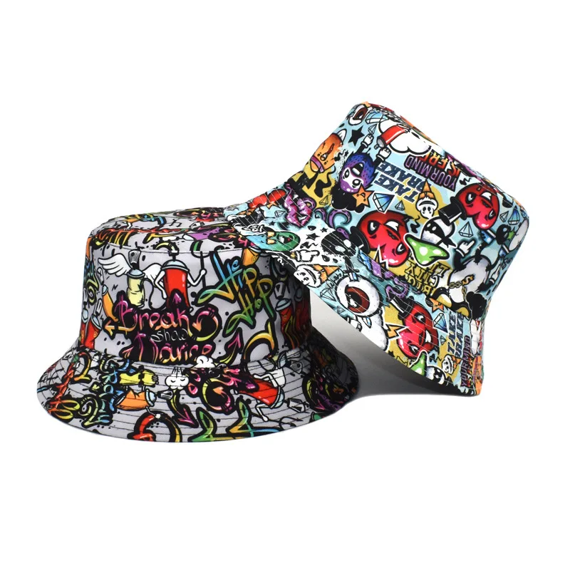 Graffiti Bucket Hat für Männer und Frauen, Hip-Hop Street Style Fischerhut, Sommer Outdoor Reise Strand Sonnenschutz Unisex Panama Hut