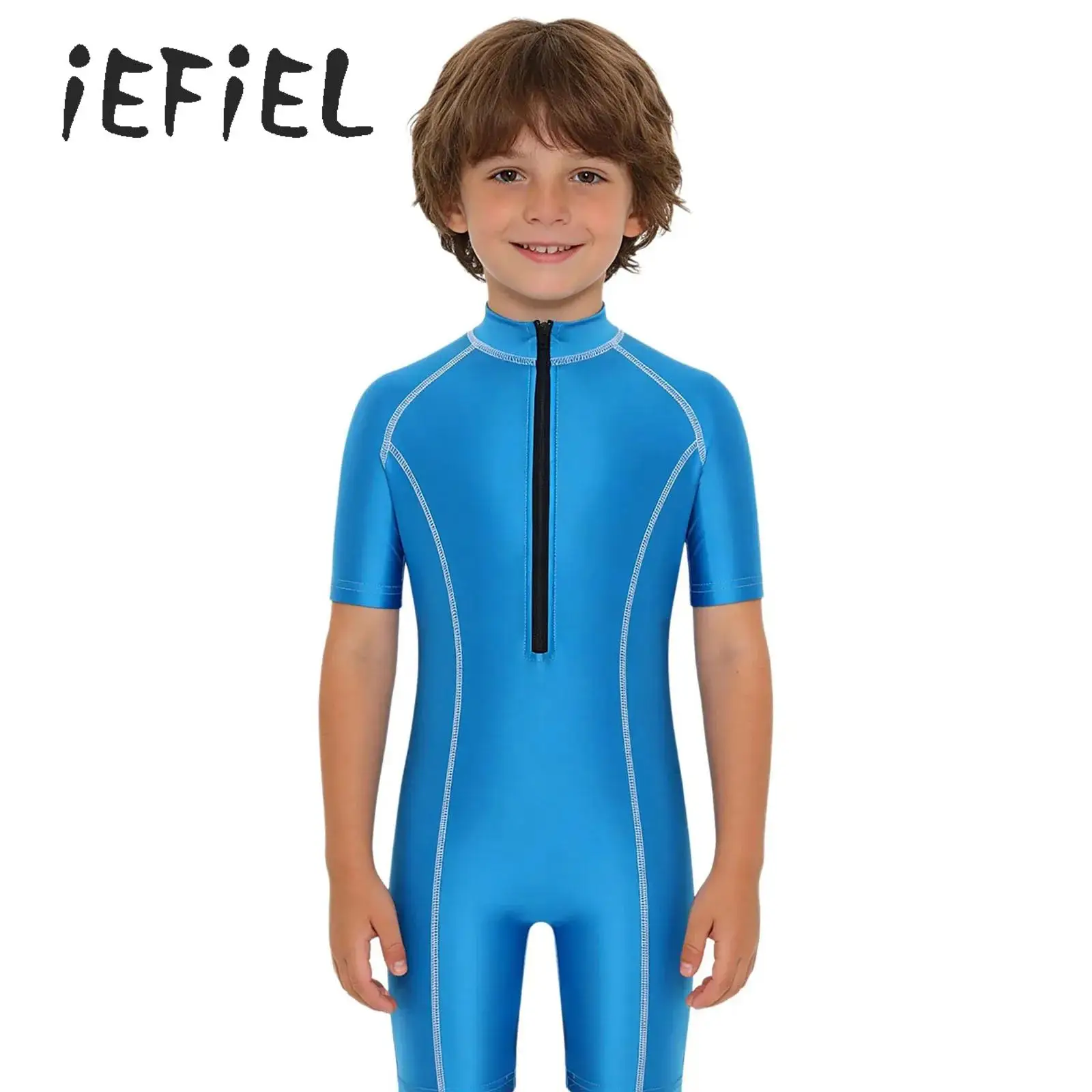 

Kids One Piece Swimsuit Boys Girls Wetsuit Short Sleeve Front Zipper Slimmer Fit Bodysuit for Waterski Diving Kayaking Surfing