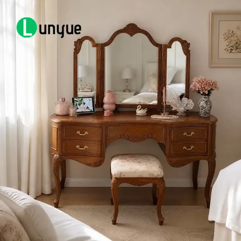 Antique Carved Wood Dresser Set with Tri-fold Mirror and Stool for Bedroom Furniture Storage Vanity Table Classic Design
