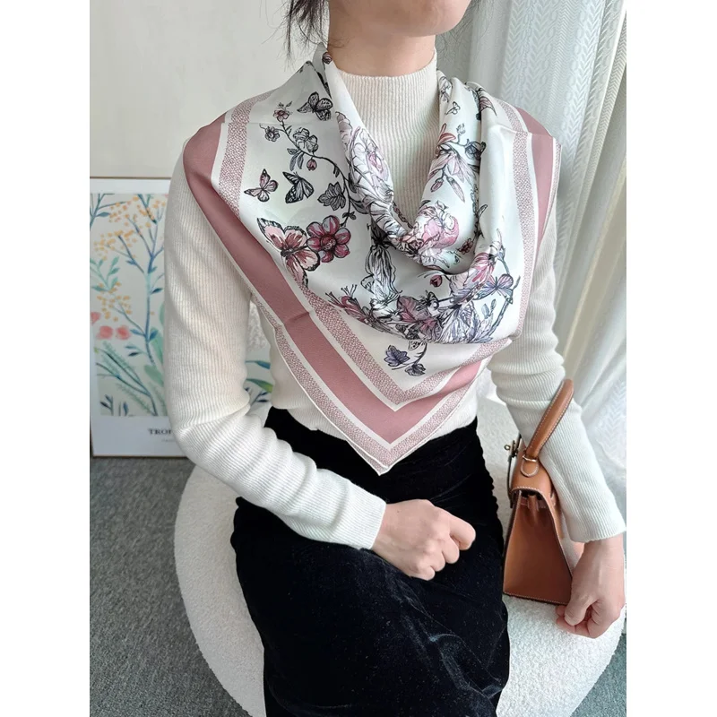 Silk scarves woman pink tones bandana head luxury silk scarf women's scarf brand replication scarf headband 90 x