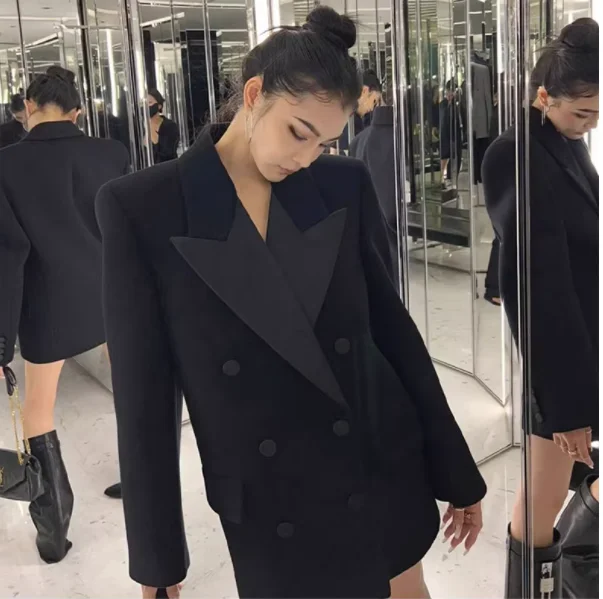 

Hepburn Style Black Blazer Jacket Women Autumn New Vintage Casual High Quality Woolen Padded Shoulder Mid Length Suit Coat G709