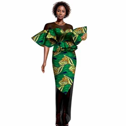 Elegant Women African Outfits Set Short Sleeves O-neck Ad Long Skirts Women Party Suits African Print Sexy.Skirts Set WY6741