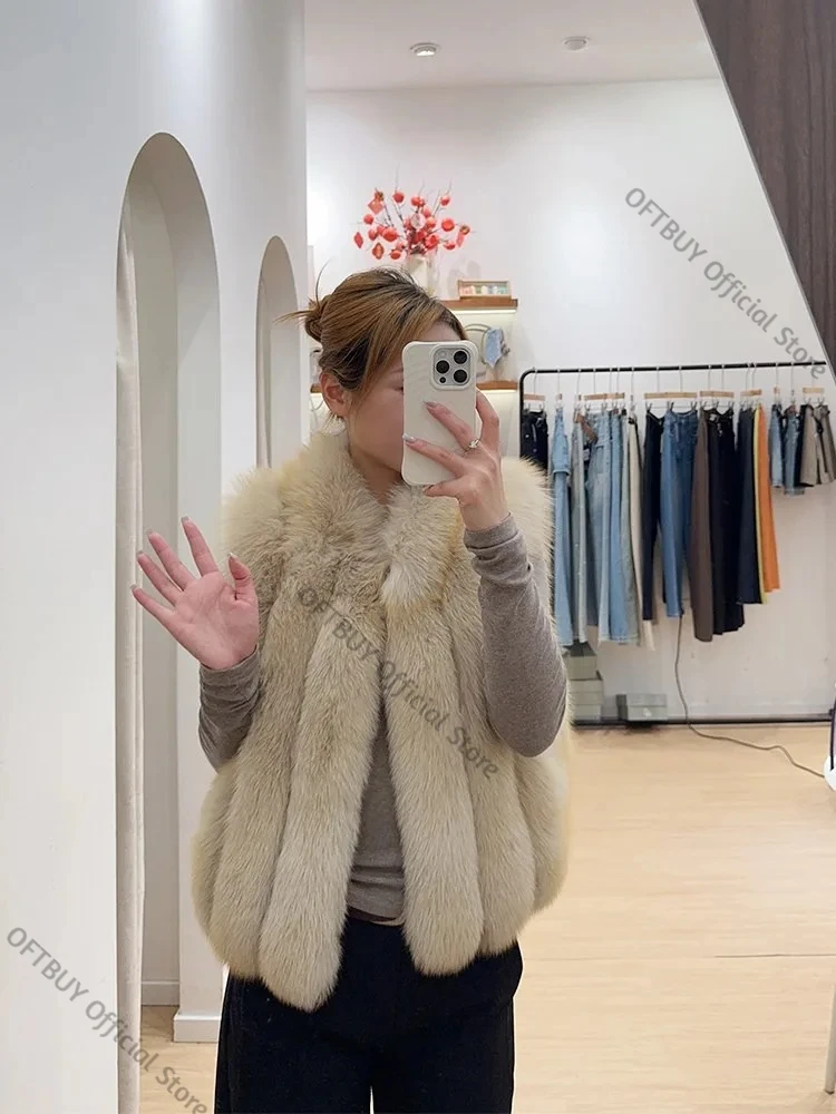 OFTBUY Natural Fur Jacket Women Sleeveless Soft Natural Fur Vest Outerwear Warm Winter Jacket Fluffy Fox Fur Loose Fit Winter