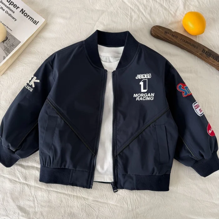 カジュアルスタイル子供用野球襟付きフライトジャケット春秋ユニセックスアウターウェア、バッジ刺繍入りキッズ向け