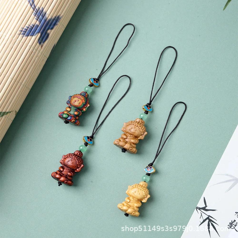 Sandalwood Carved Little Buddha Pendant Vintage Phone Chain Keychain Charm Creative Wood Craft Desktop Ornament Gift