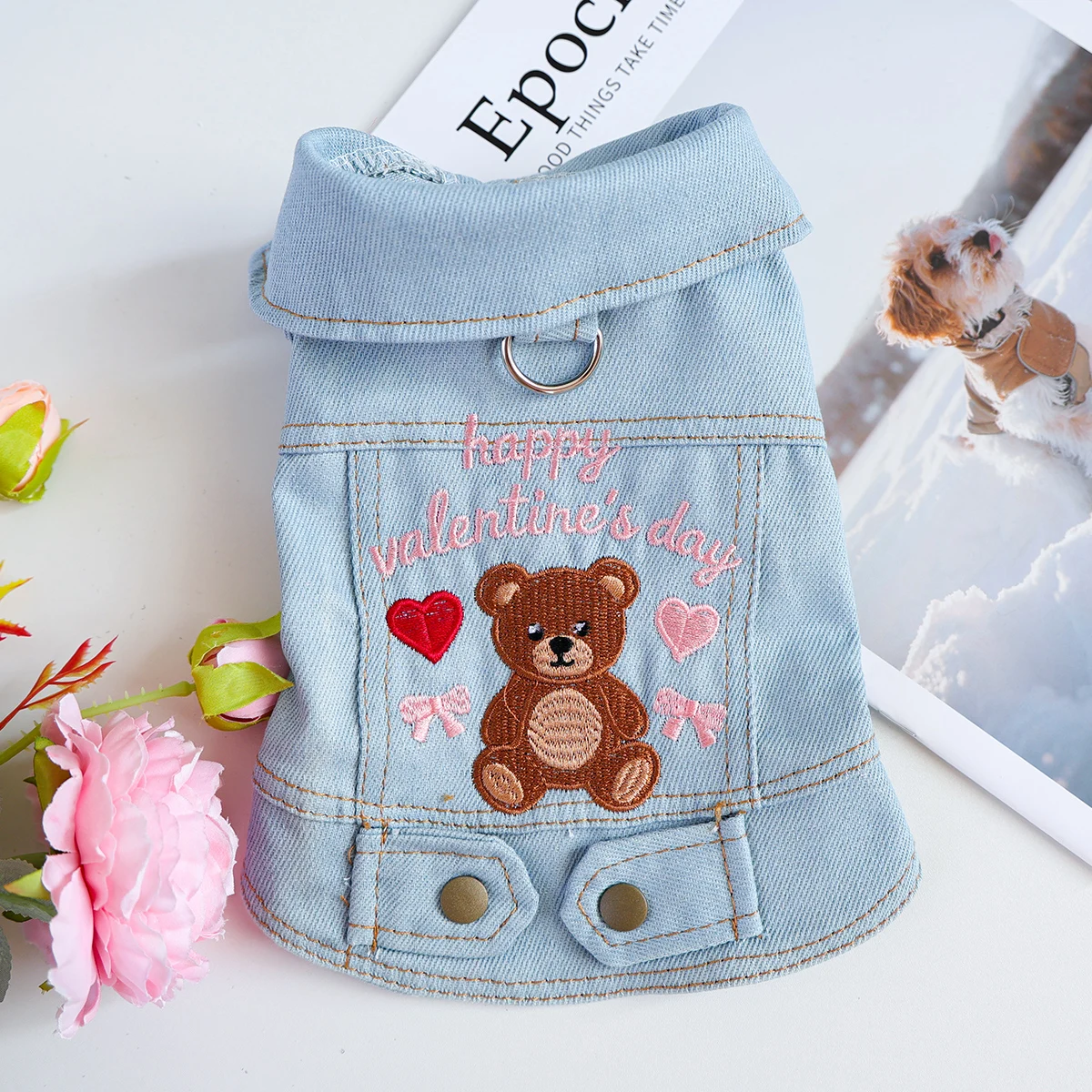 Valentinstag Süße Bären-Hundejeansweste, Hellblaue Ärmellose Knopfjacke mit D-Ring für Kleine Hunde & Katzen, Frühling/Sommer