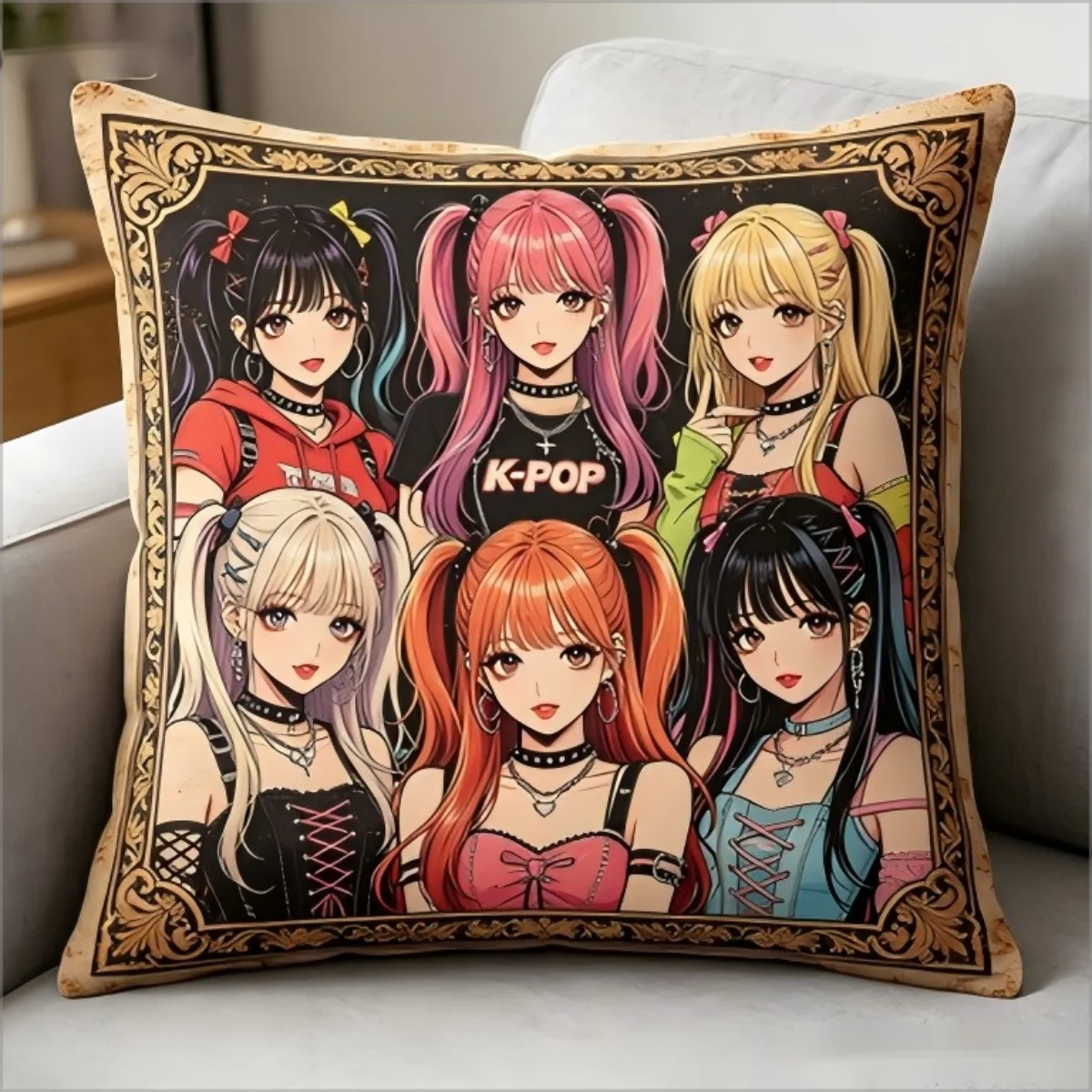 Vintage K-Pop Idol Girlgroup Kissenbezug Retro Anime Kunst Dekorativer Kissenbezug für Wohnzimmer Sofa Couch Heimdekoration