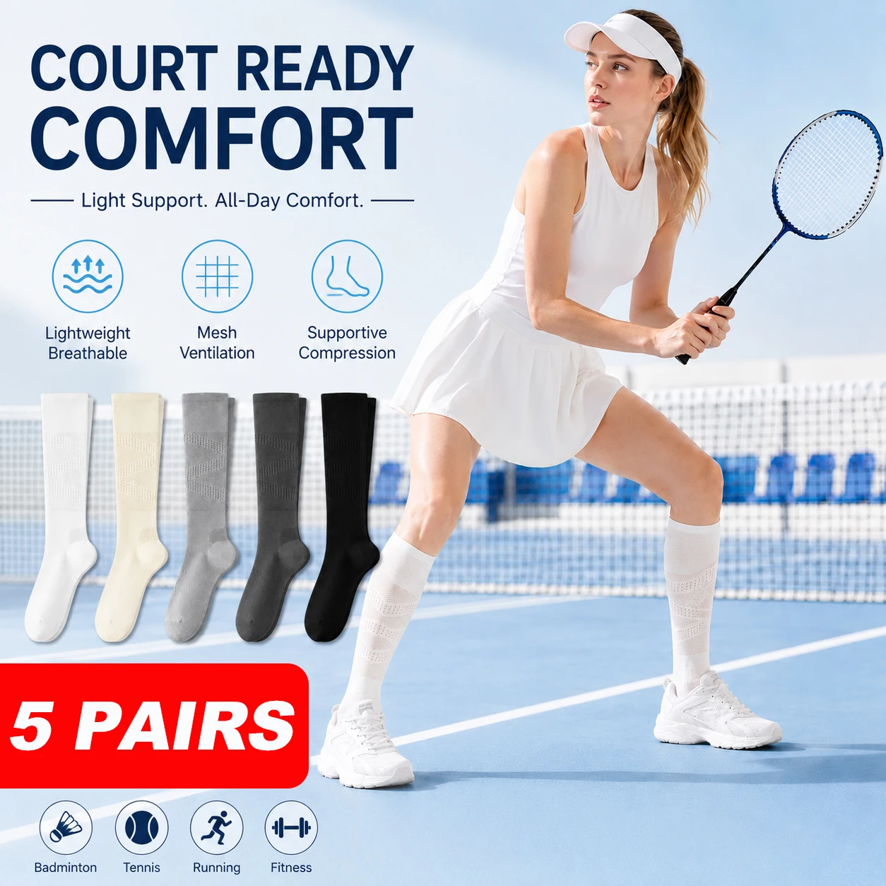 Ankle Support Badminton - 5 pares de meias femininas de