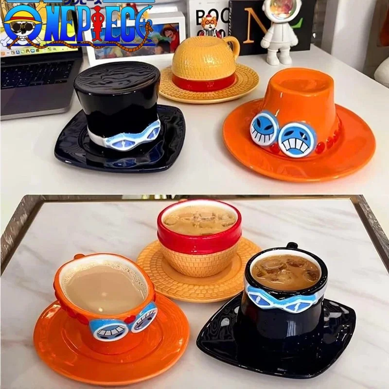 

In Stock ONE Piece Cosplay Mug Water Cup Creative Luffy Ace Sabo Ceramic Cup Three Brothers Hat Shaped Coffee Cups Parties Gift