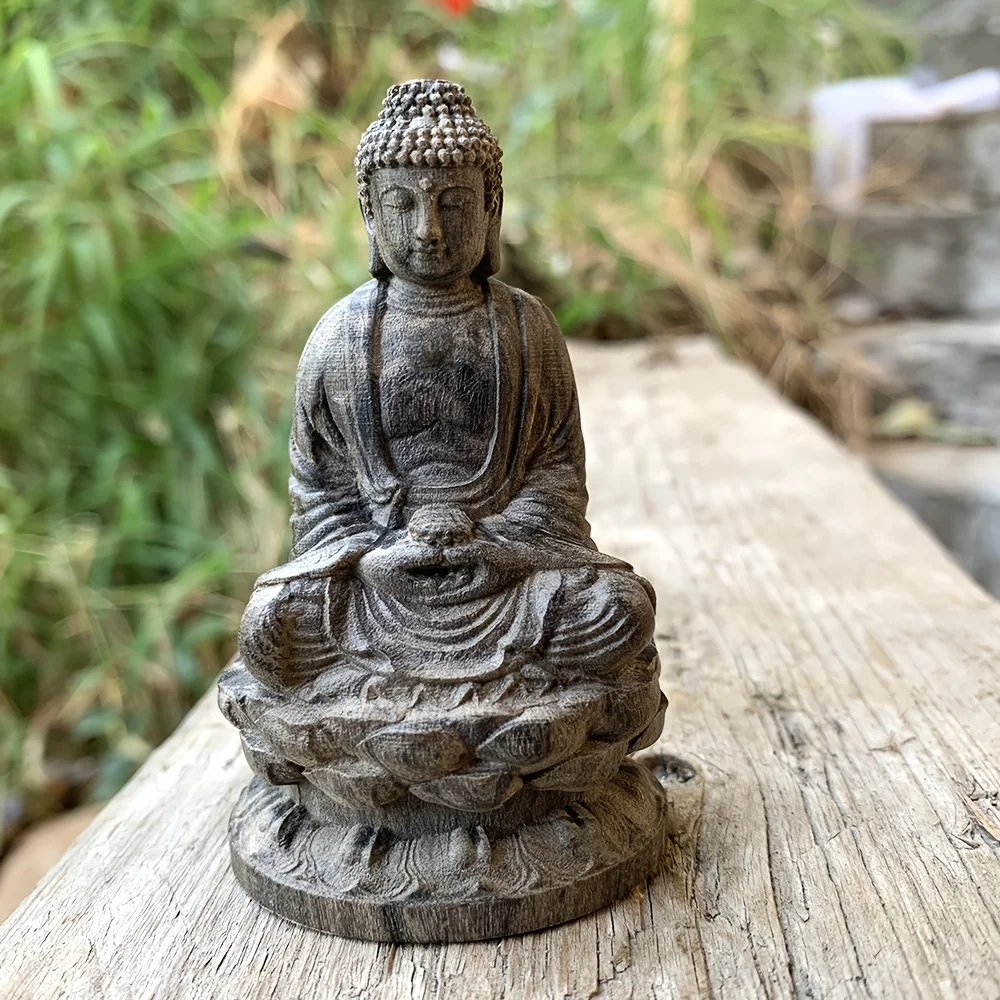 Estatua de Buda Shakyamuni de madera maciza tallada a mano de 3,14 pulgadas, estilo artístico, adecuada para decoraciones navideñas, adornos de escritorio, decoración del hogar, chimenea, dormitorio, regalos de Año Nuevo