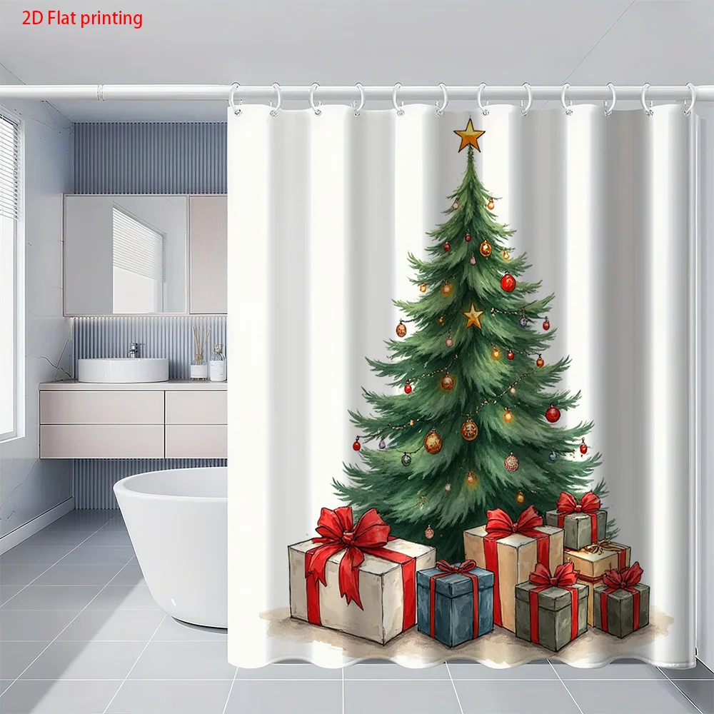 

1pc Christmas Tree Print Shower Curtain - Machine Washable with Hooks, Polyester Fabric Shower Curtain for Bathroom Decoration